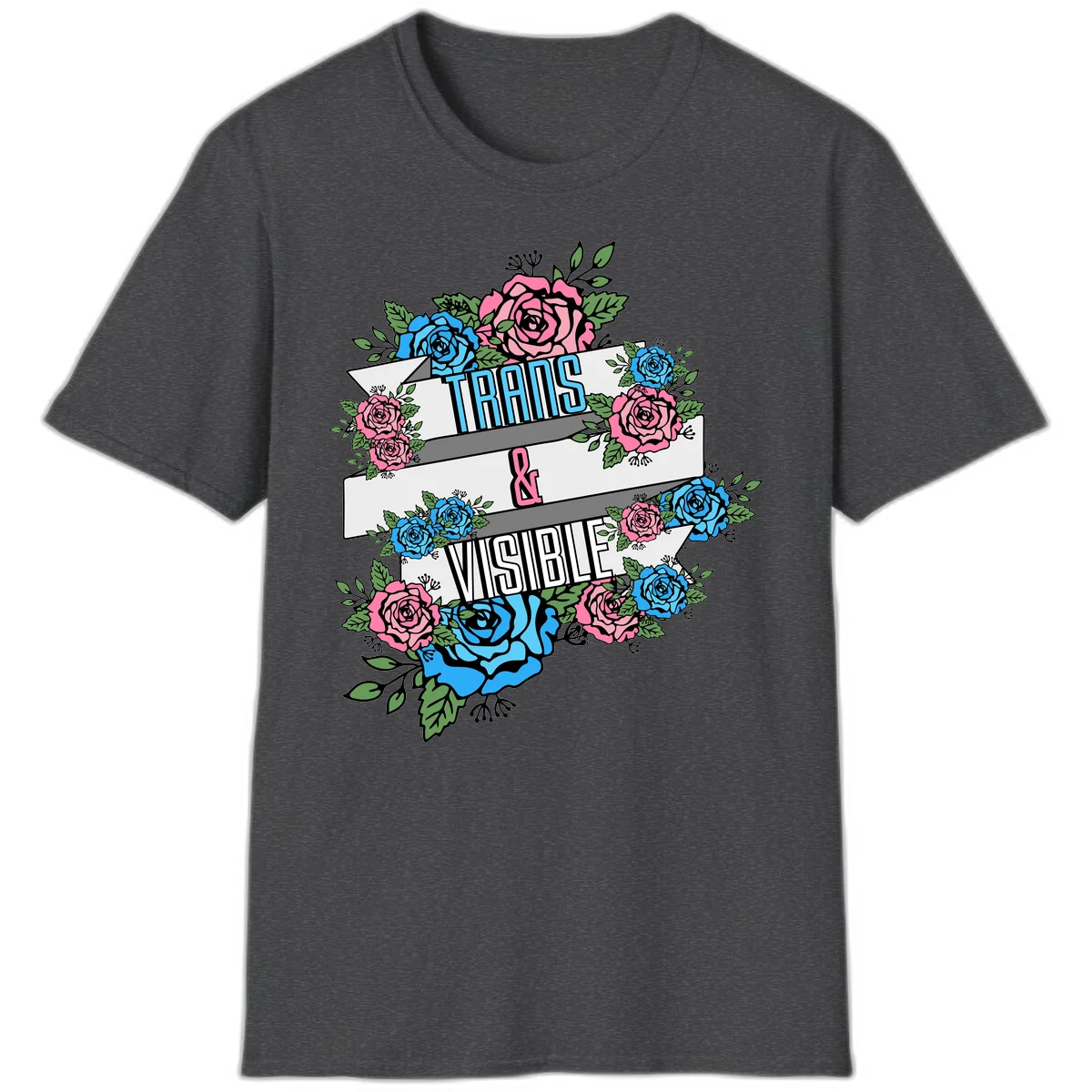 Trains and visible pride design with blue and pink roses and green leaves surrounding banner text on gray background in Dark Heather