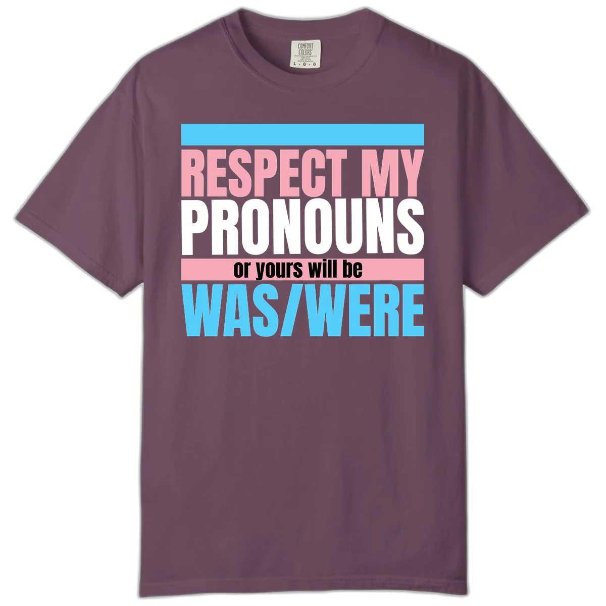 Bold typography design reading 'Respect My Pronouns or yours will be WAS/WERE' in pink, white, and blue letters with gray background in Berry