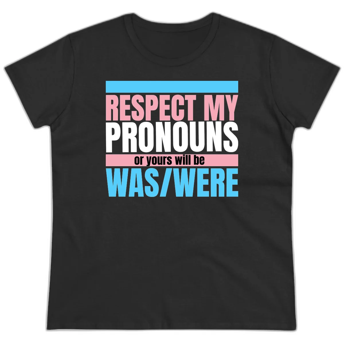 Bold typography design reading 'Respect My Pronouns or yours will be WAS/WERE' in pink, white, and blue letters with gray background in Black