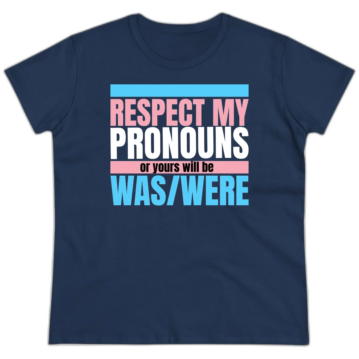 Bold typography design reading 'Respect My Pronouns or yours will be WAS/WERE' in pink, white, and blue letters with gray background in Navy