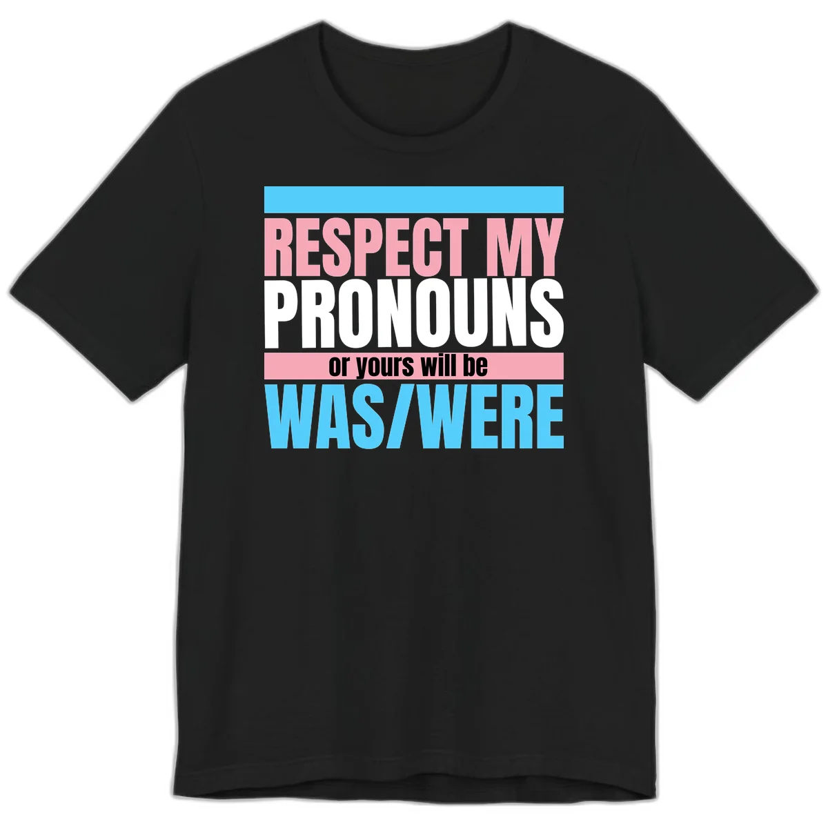 Bold typography design reading 'Respect My Pronouns or yours will be WAS/WERE' in pink, white, and blue letters with gray background in Black