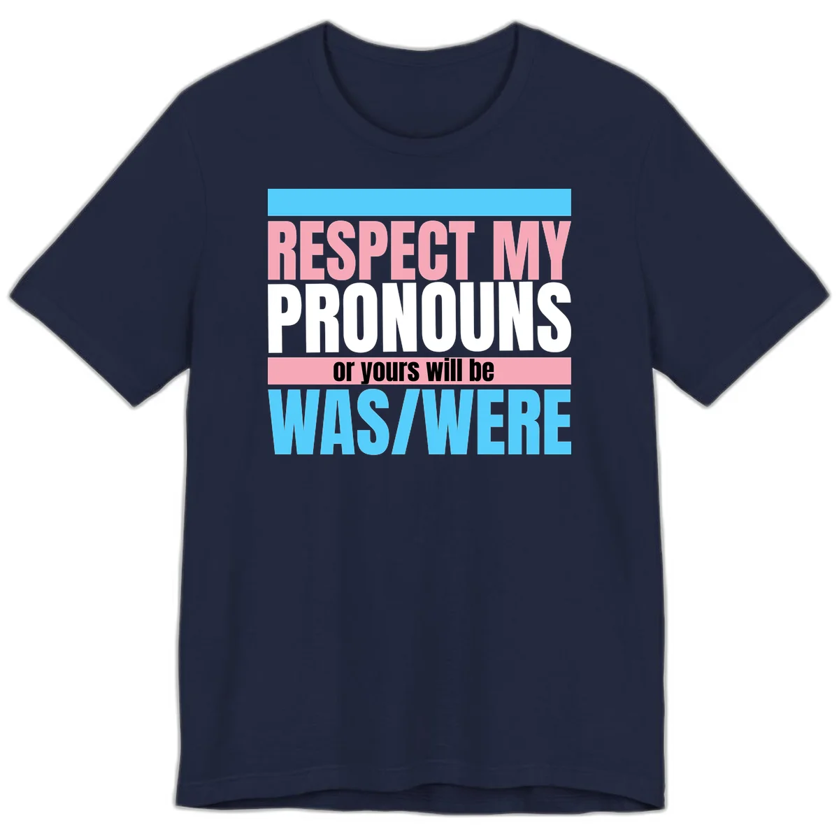 Bold typography design reading 'Respect My Pronouns or yours will be WAS/WERE' in pink, white, and blue letters with gray background in Navy