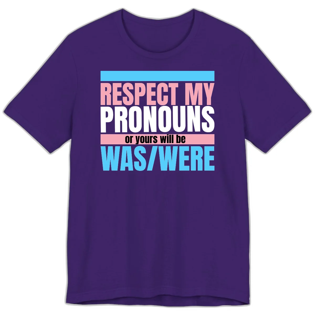 Bold typography design reading 'Respect My Pronouns or yours will be WAS/WERE' in pink, white, and blue letters with gray background in Team Purple