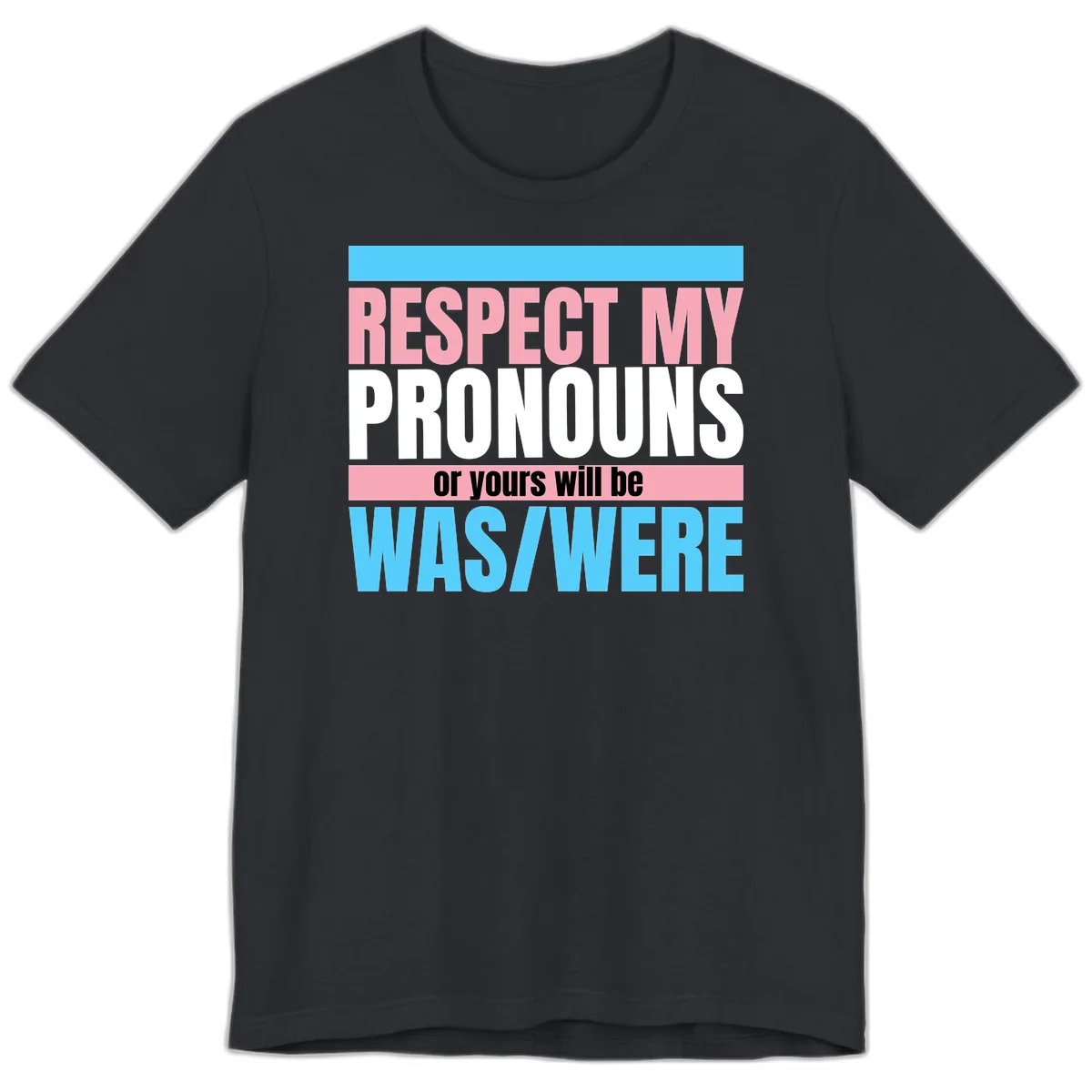 Bold typography design reading 'Respect My Pronouns or yours will be WAS/WERE' in pink, white, and blue letters with gray background in Vintage Black