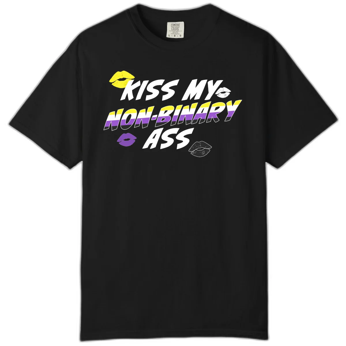 Kiss my non-binary ass pride design with yellow, white, purple and black lip icons and non-binary flag stripes on gray background in Black