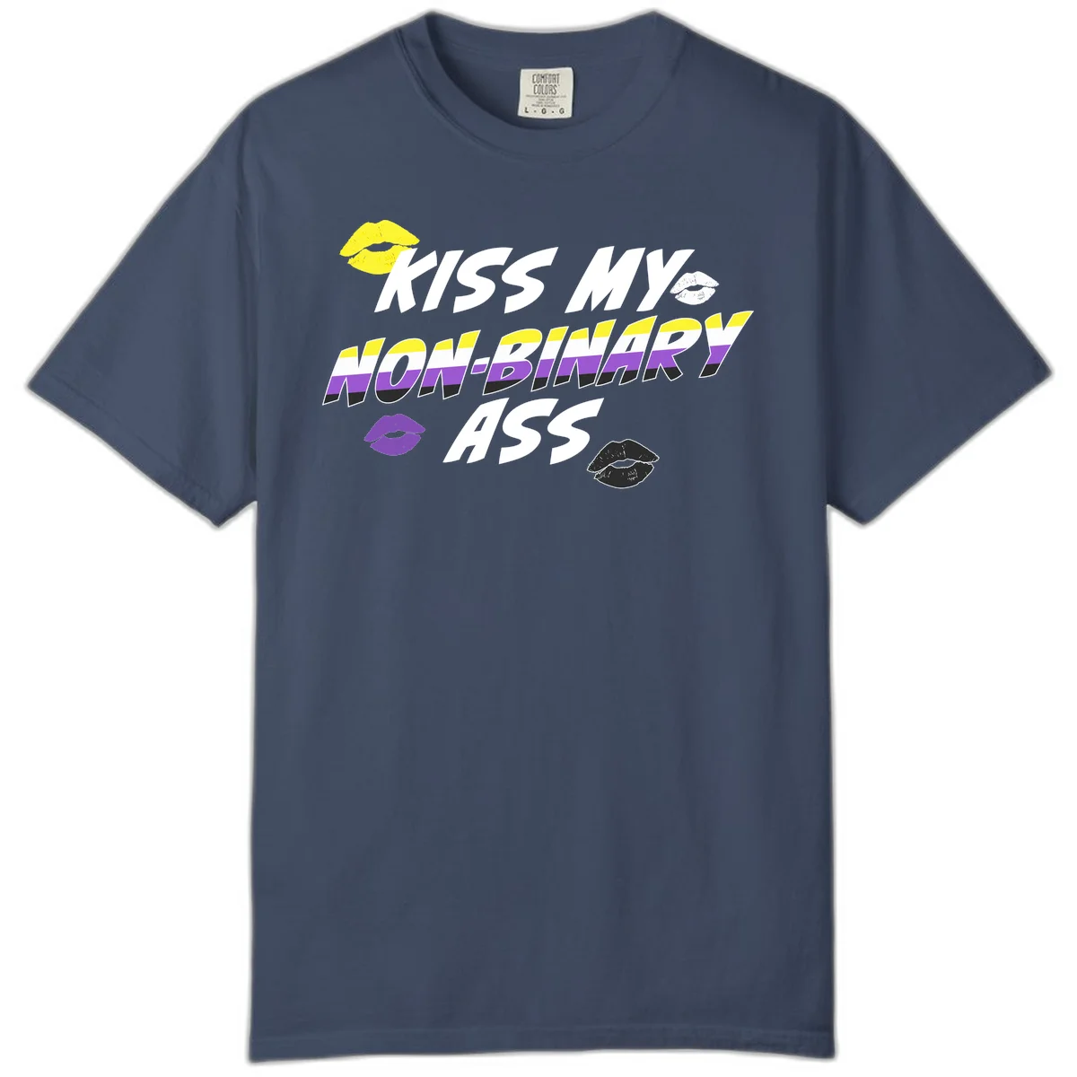 Kiss my non-binary ass pride design with yellow, white, purple and black lip icons and non-binary flag stripes on gray background in Midnight