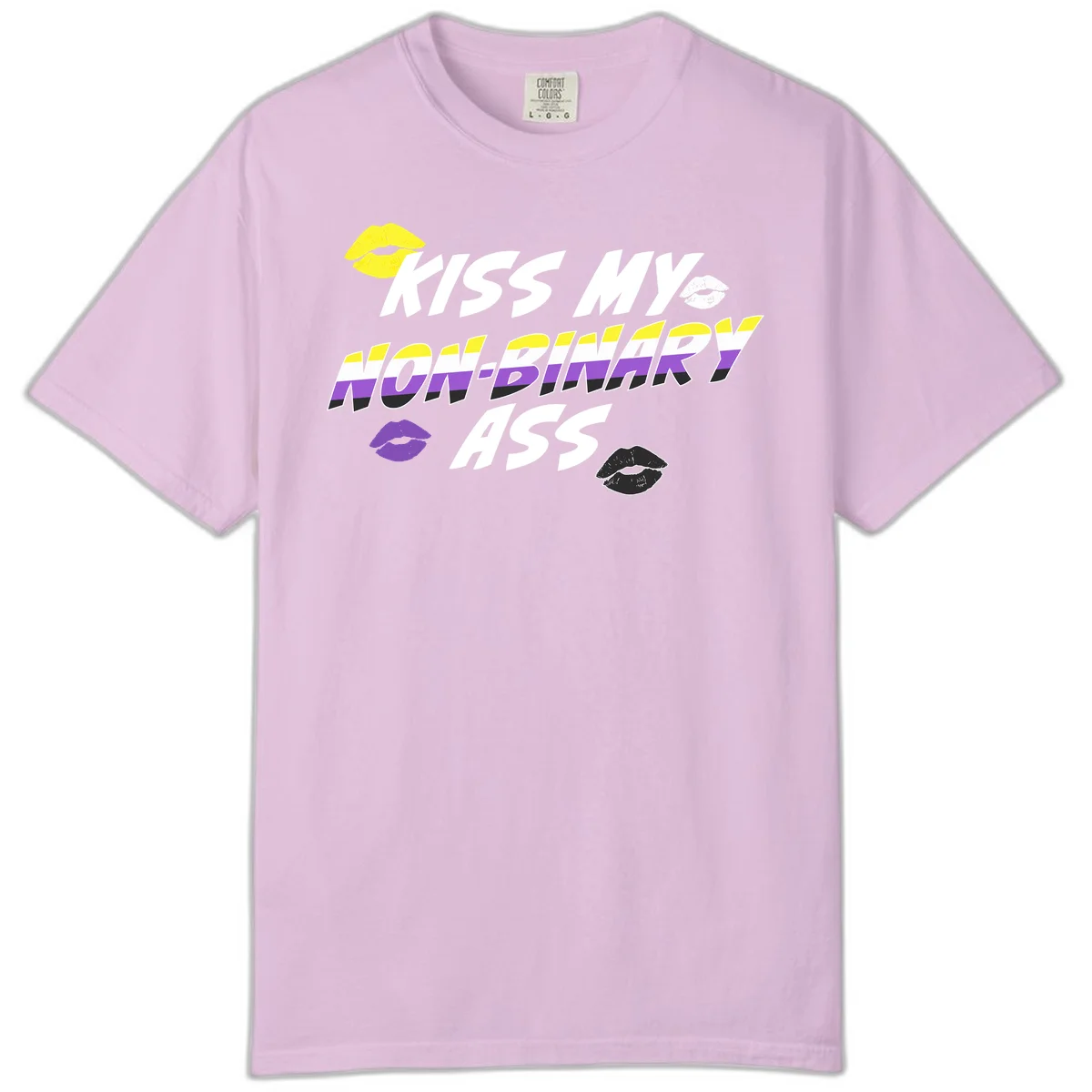 Kiss my non-binary ass pride design with yellow, white, purple and black lip icons and non-binary flag stripes on gray background in Orchid
