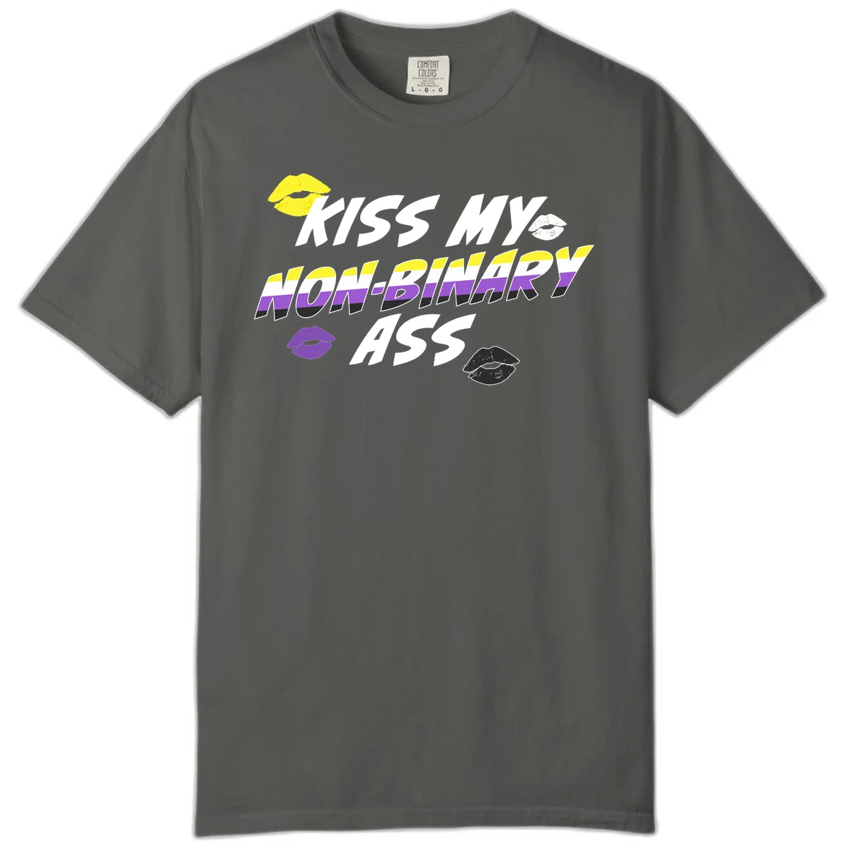 Kiss my non-binary ass pride design with yellow, white, purple and black lip icons and non-binary flag stripes on gray background in Pepper