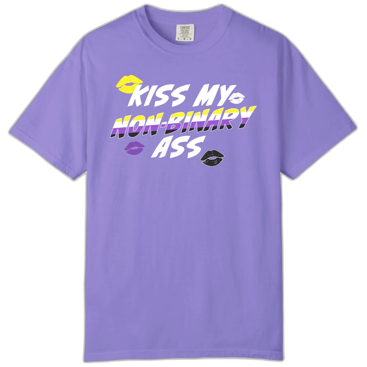 Kiss my non-binary ass pride design with yellow, white, purple and black lip icons and non-binary flag stripes on gray background in Violet