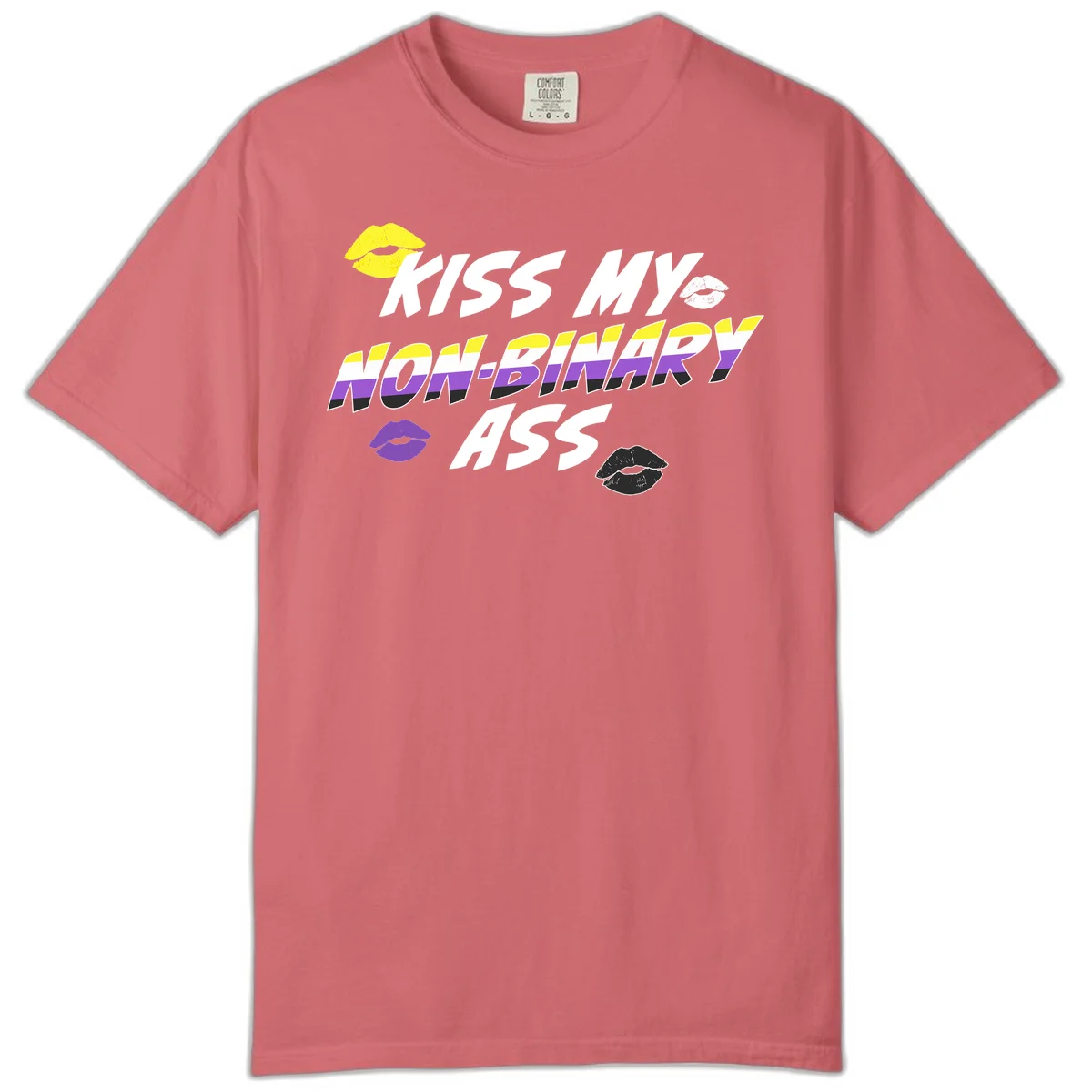 Kiss my non-binary ass pride design with yellow, white, purple and black lip icons and non-binary flag stripes on gray background in Watermelon