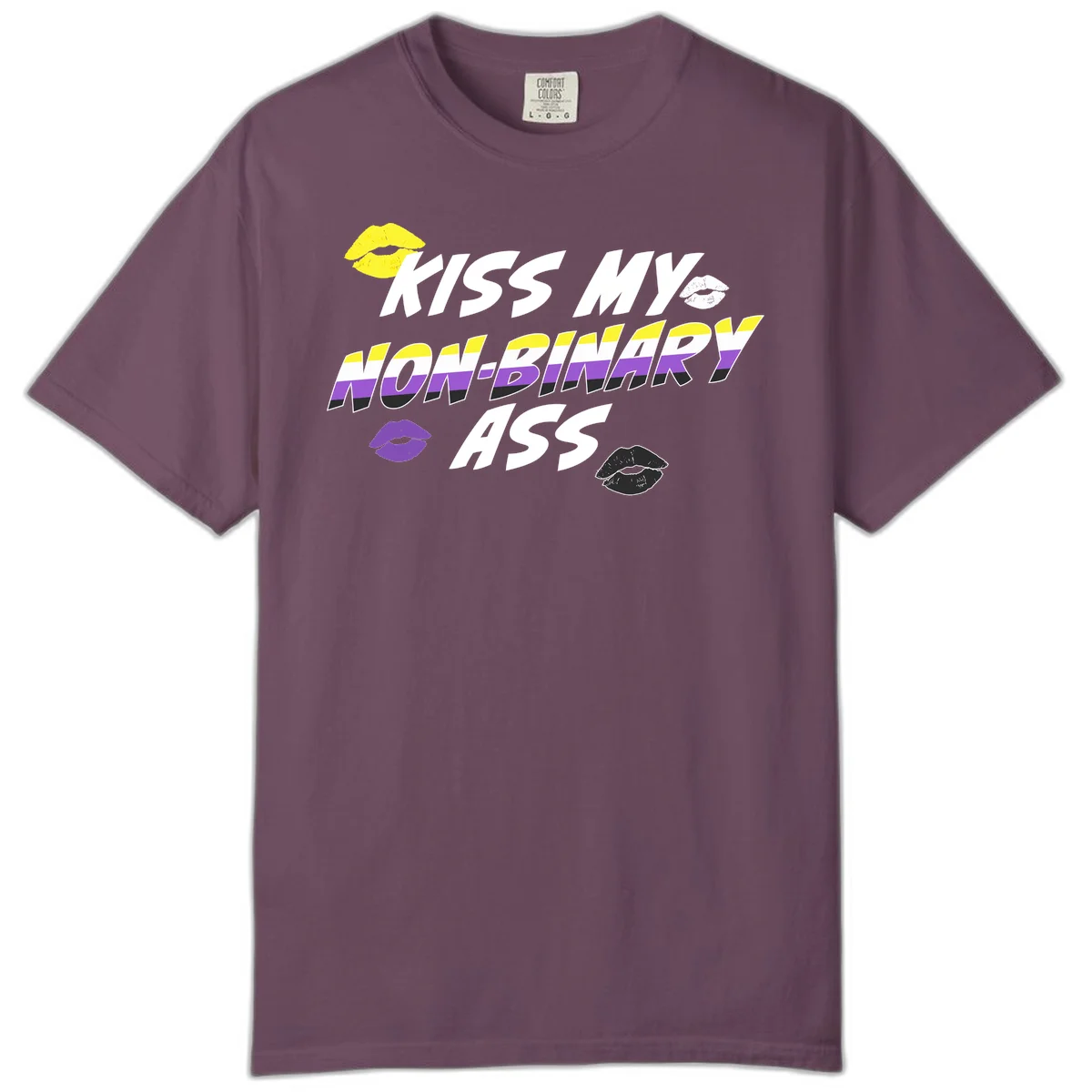 Kiss my non-binary ass pride design with yellow, white, purple and black lip icons and non-binary flag stripes on gray background in Berry