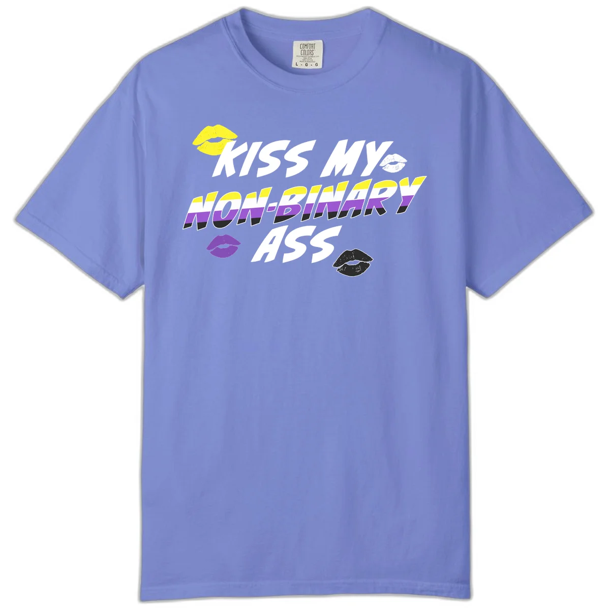 Kiss my non-binary ass pride design with yellow, white, purple and black lip icons and non-binary flag stripes on gray background in Flo Blue