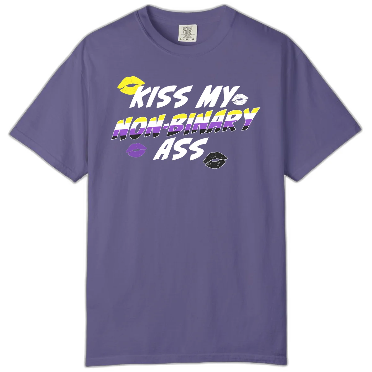 Kiss my non-binary ass pride design with yellow, white, purple and black lip icons and non-binary flag stripes on gray background in Grape