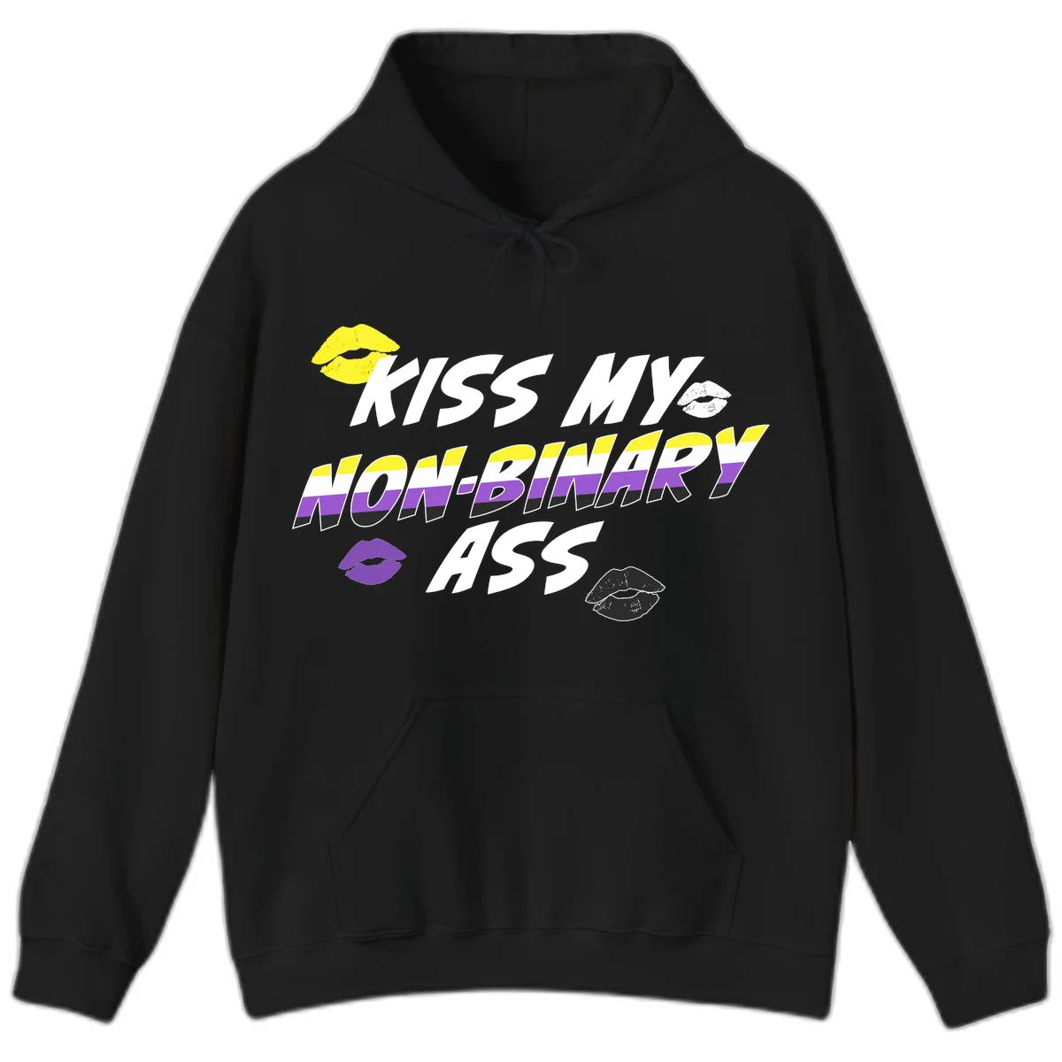 Kiss my non-binary ass pride design with yellow, white, purple and black lip icons and non-binary flag stripes on gray background in Black