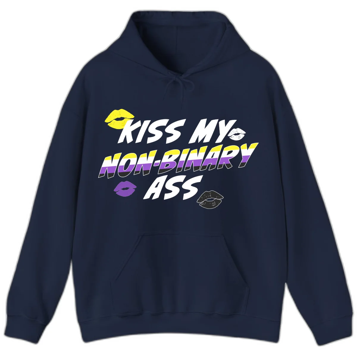 Kiss my non-binary ass pride design with yellow, white, purple and black lip icons and non-binary flag stripes on gray background in Navy