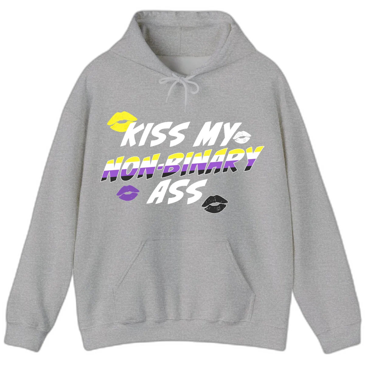 Kiss my non-binary ass pride design with yellow, white, purple and black lip icons and non-binary flag stripes on gray background in Sport Grey