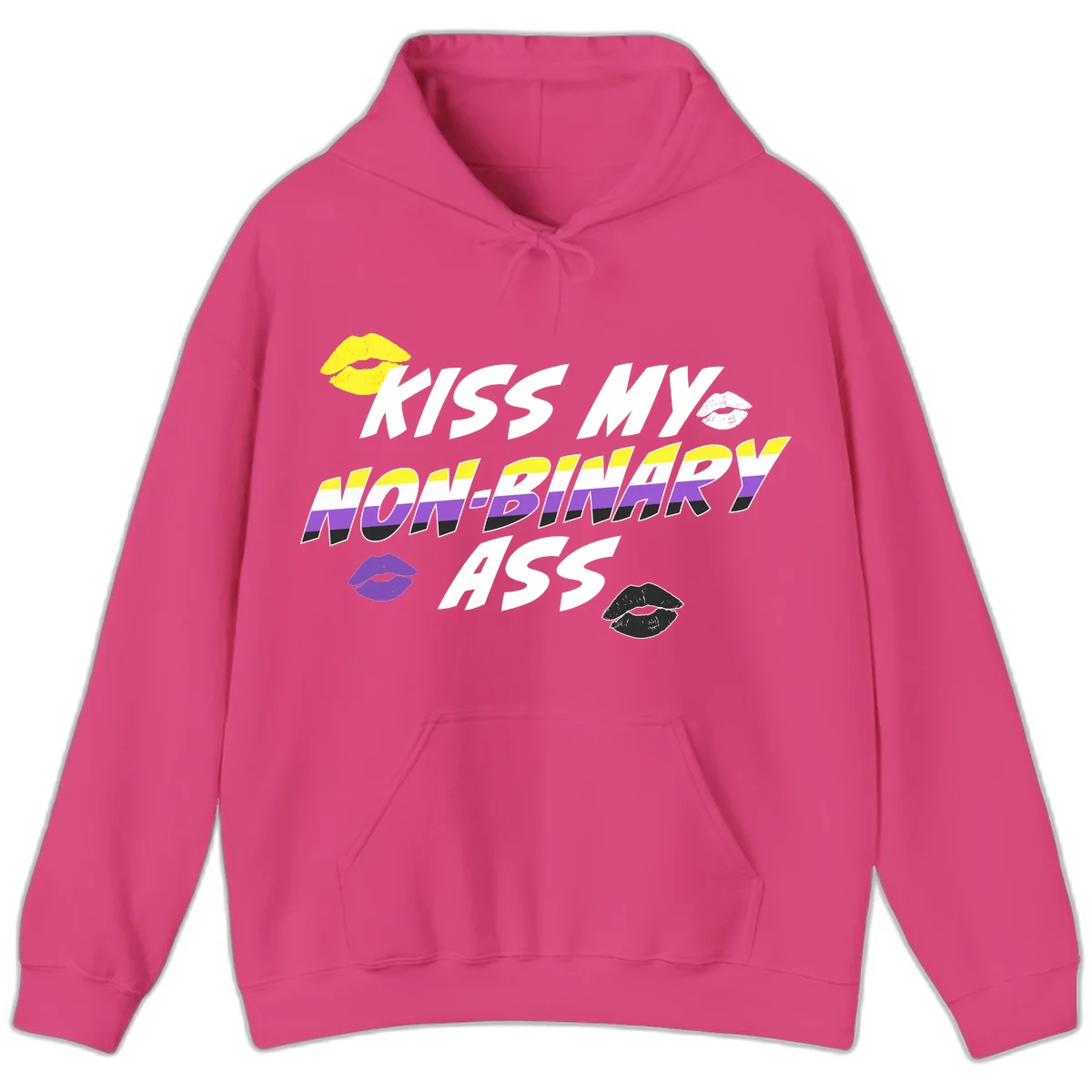 Kiss my non-binary ass pride design with yellow, white, purple and black lip icons and non-binary flag stripes on gray background in Heliconia