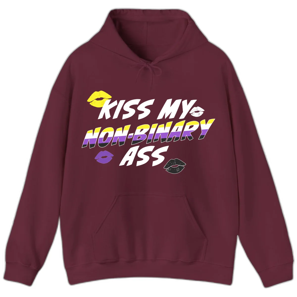 Kiss my non-binary ass pride design with yellow, white, purple and black lip icons and non-binary flag stripes on gray background in Maroon