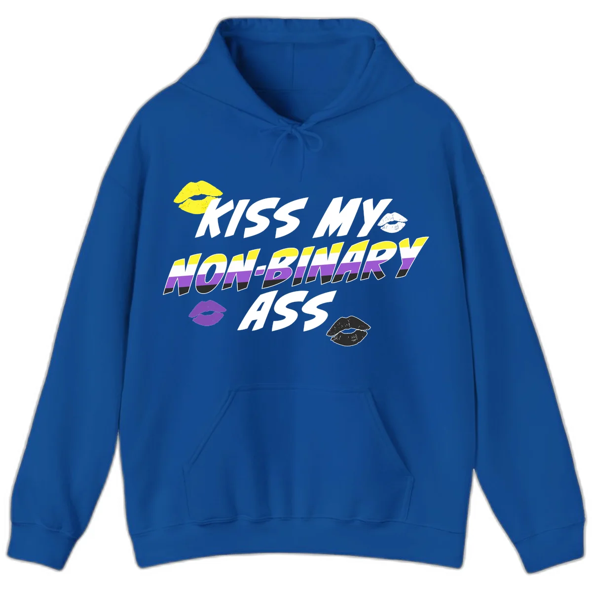 Kiss my non-binary ass pride design with yellow, white, purple and black lip icons and non-binary flag stripes on gray background in Royal