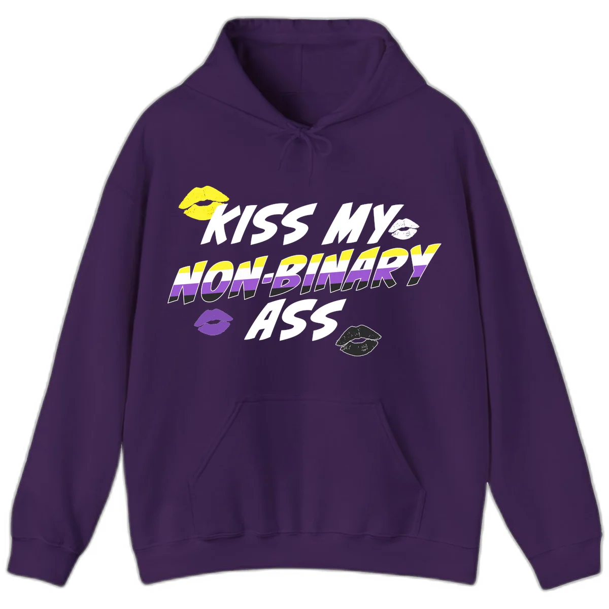 Kiss my non-binary ass pride design with yellow, white, purple and black lip icons and non-binary flag stripes on gray background in Purple