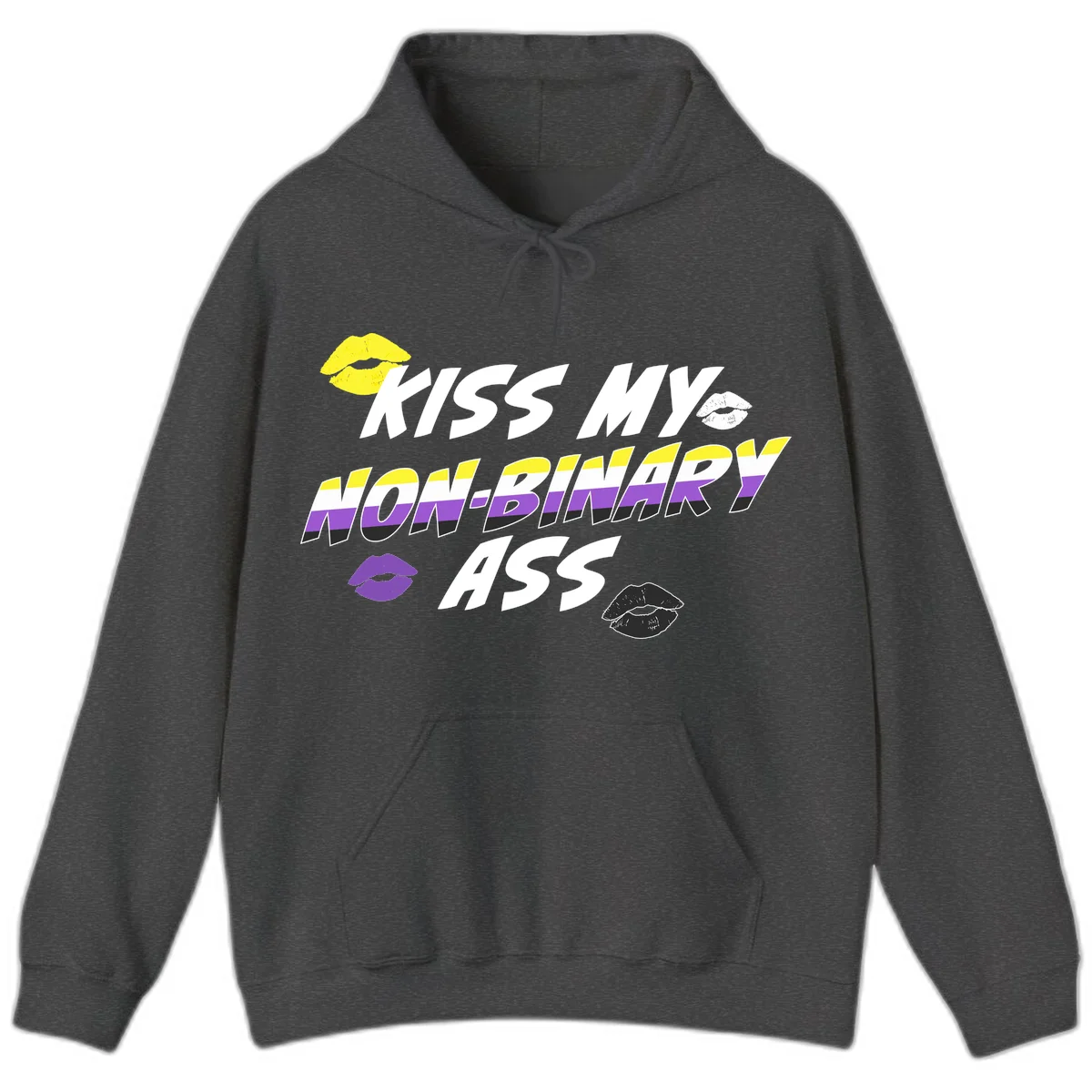 Kiss my non-binary ass pride design with yellow, white, purple and black lip icons and non-binary flag stripes on gray background in Dark Heather