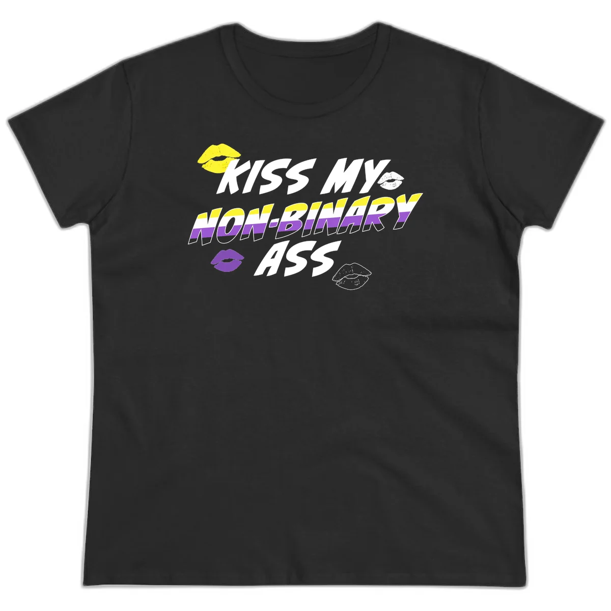 Kiss my non-binary ass pride design with yellow, white, purple and black lip icons and non-binary flag stripes on gray background in Black
