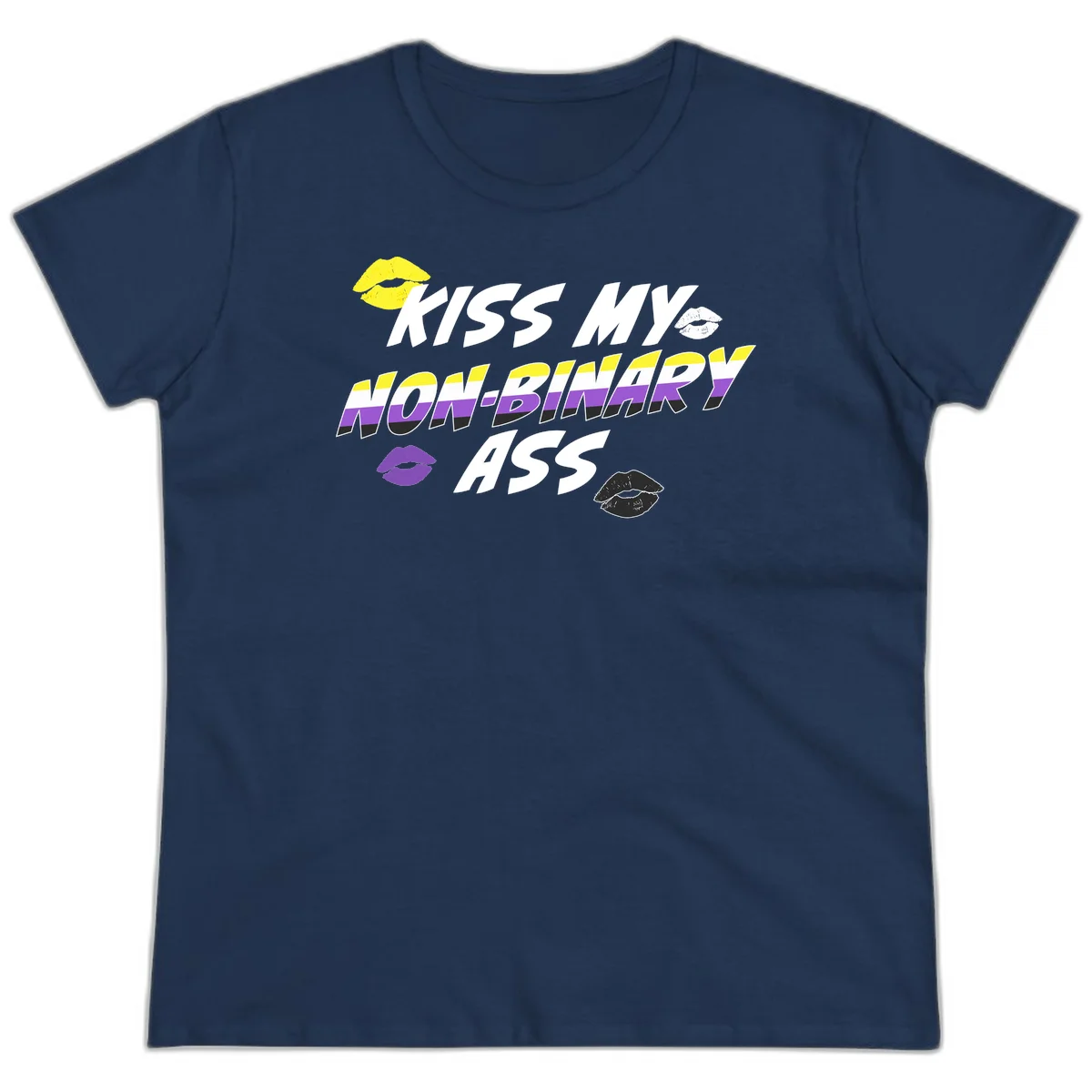 Kiss my non-binary ass pride design with yellow, white, purple and black lip icons and non-binary flag stripes on gray background in Navy