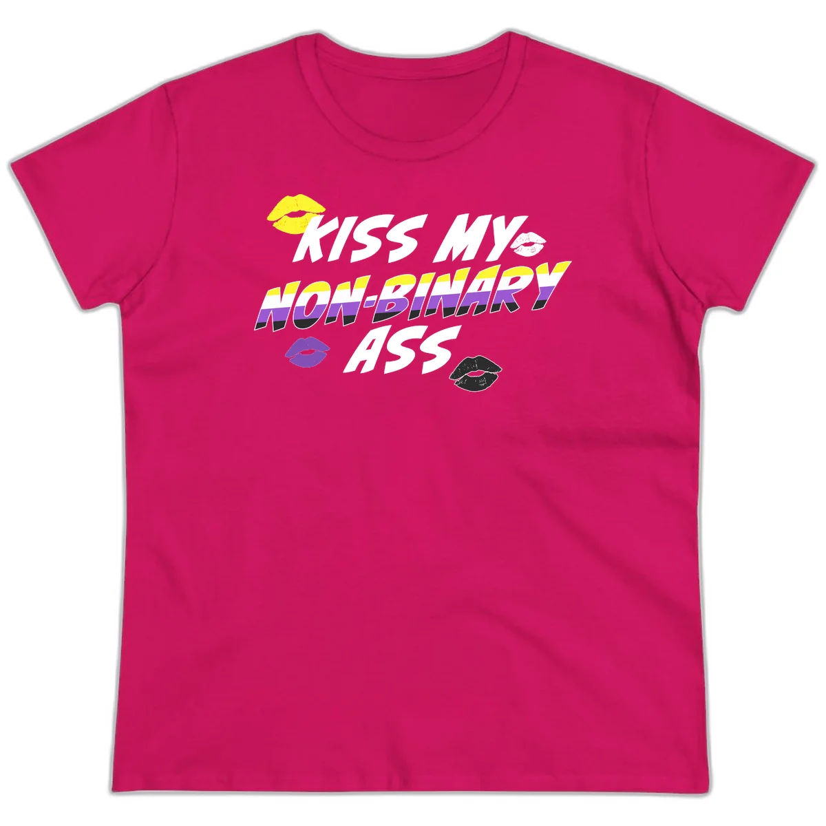 Kiss my non-binary ass pride design with yellow, white, purple and black lip icons and non-binary flag stripes on gray background in Heliconia