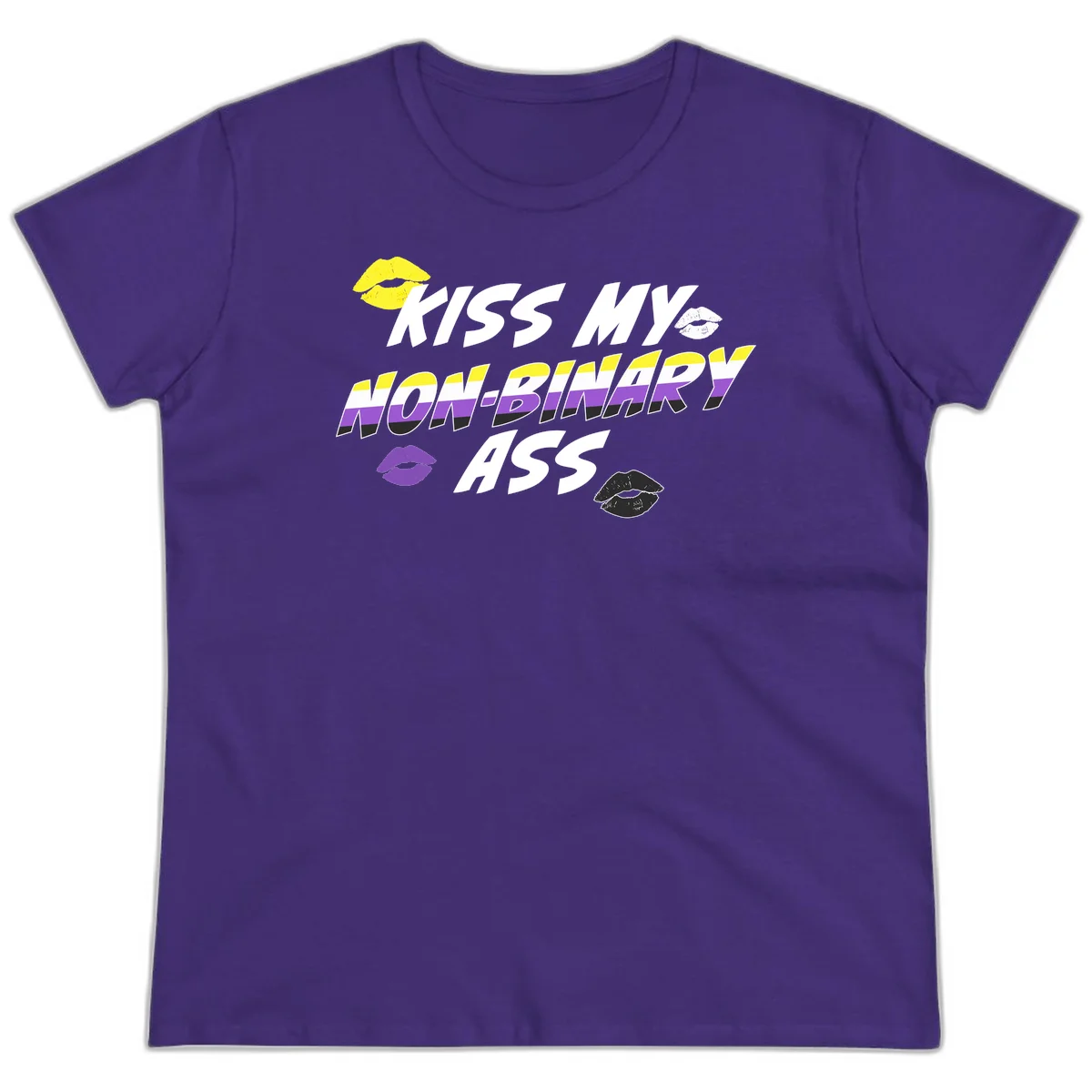 Kiss my non-binary ass pride design with yellow, white, purple and black lip icons and non-binary flag stripes on gray background in Purple