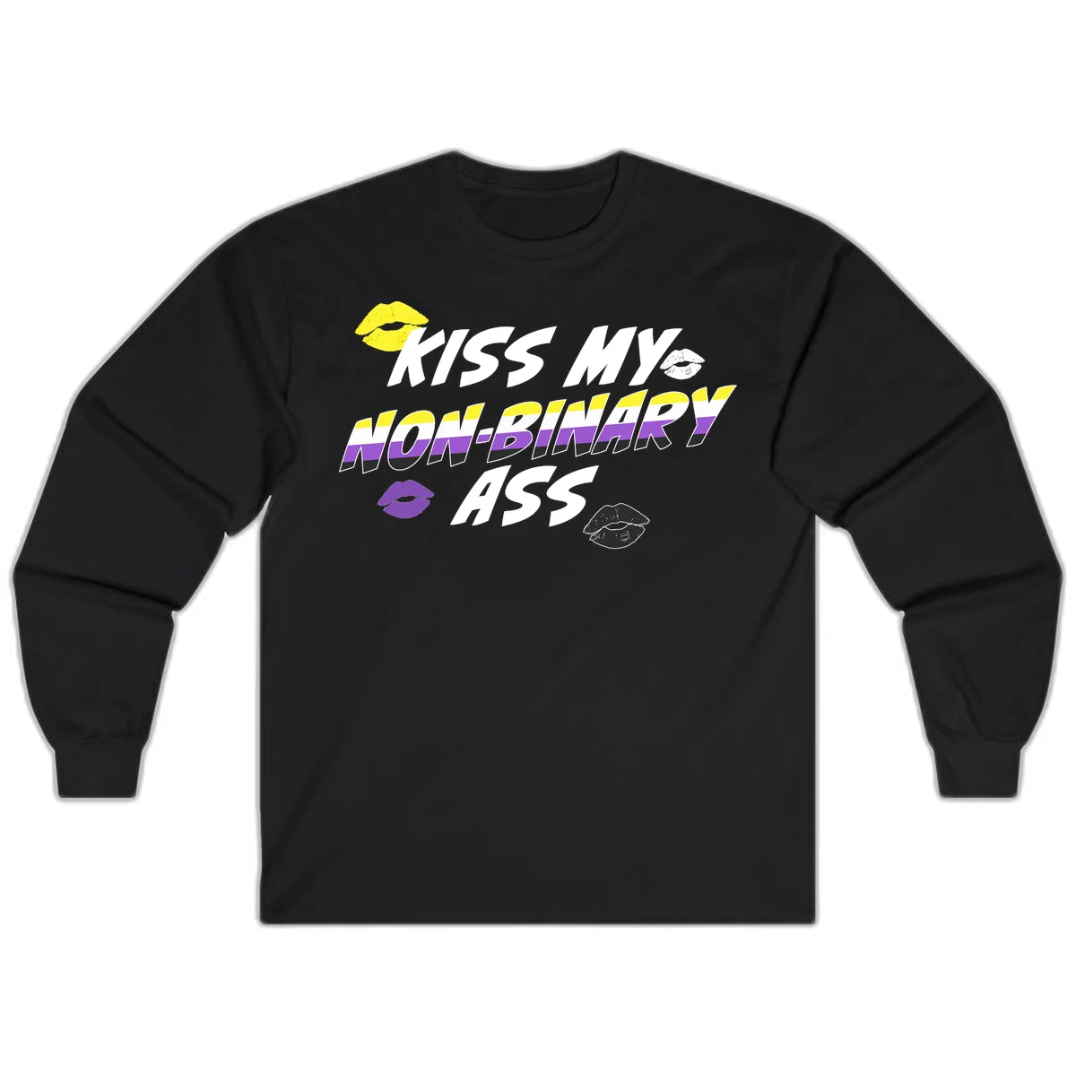 Kiss my non-binary ass pride design with yellow, white, purple and black lip icons and non-binary flag stripes on gray background in Black