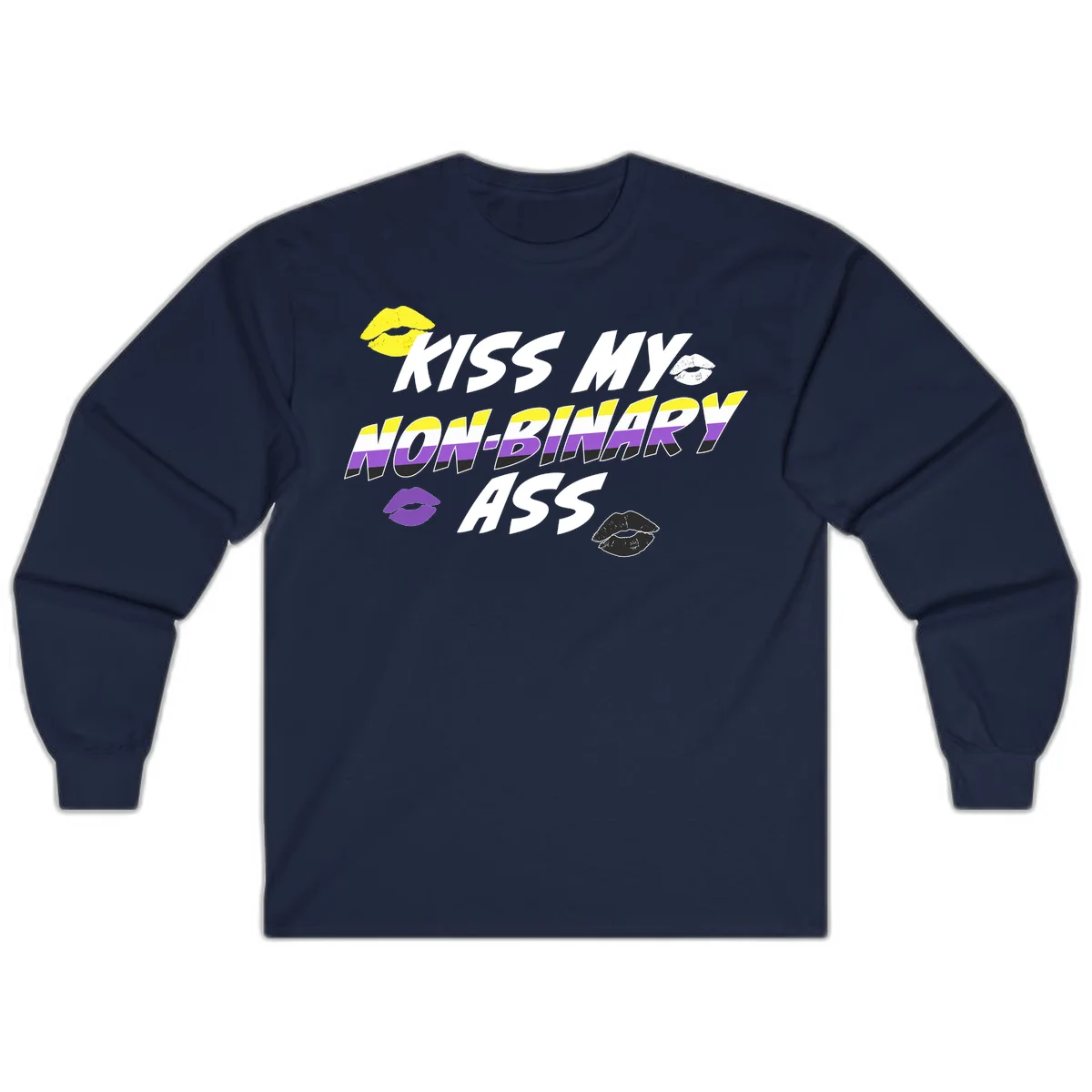 Kiss my non-binary ass pride design with yellow, white, purple and black lip icons and non-binary flag stripes on gray background in Navy