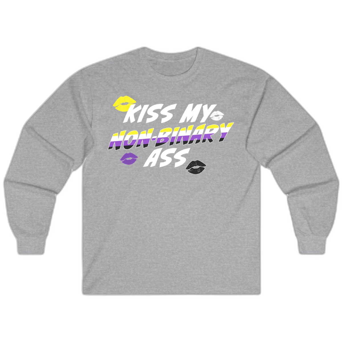 Kiss my non-binary ass pride design with yellow, white, purple and black lip icons and non-binary flag stripes on gray background in Sport Grey