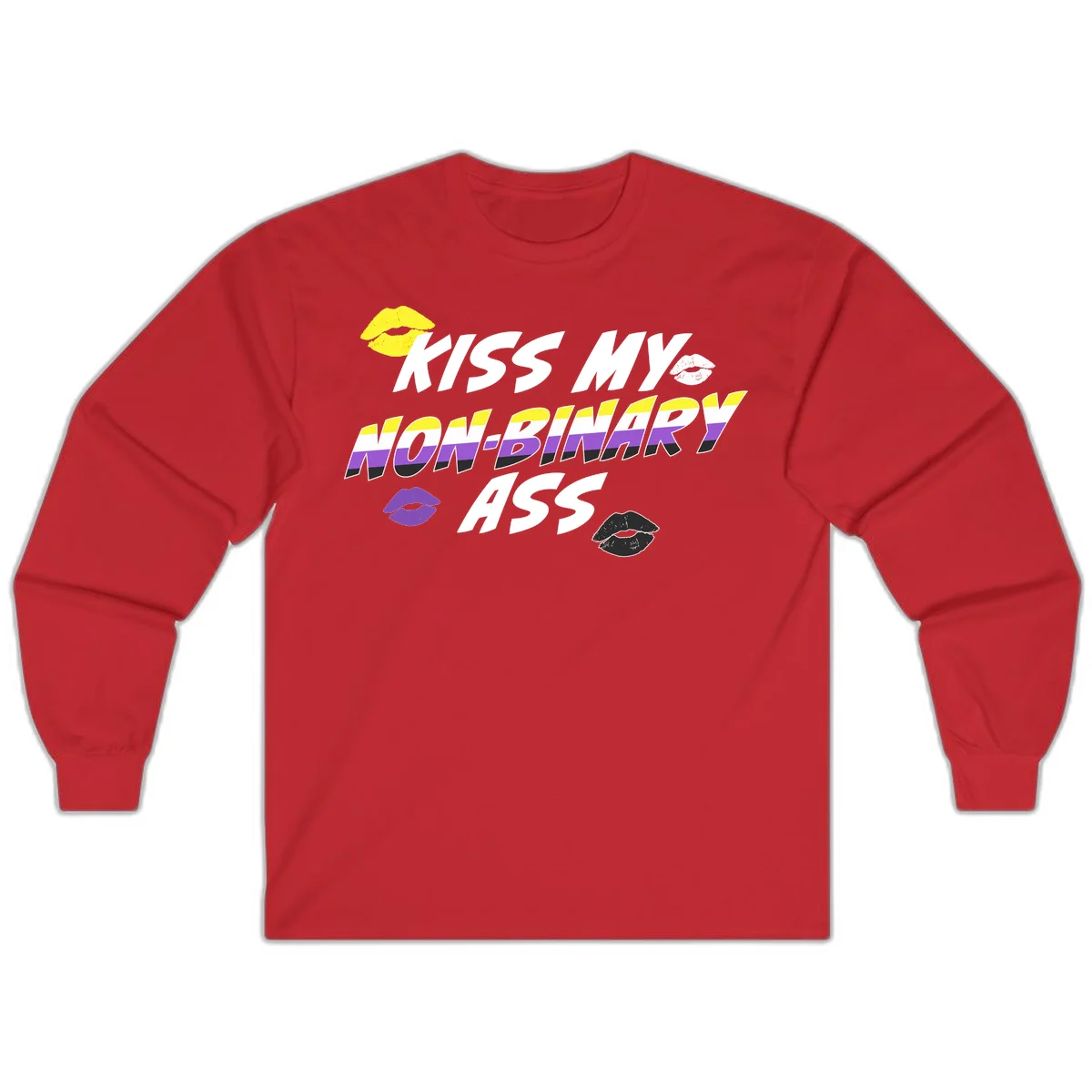 Kiss my non-binary ass pride design with yellow, white, purple and black lip icons and non-binary flag stripes on gray background in Red