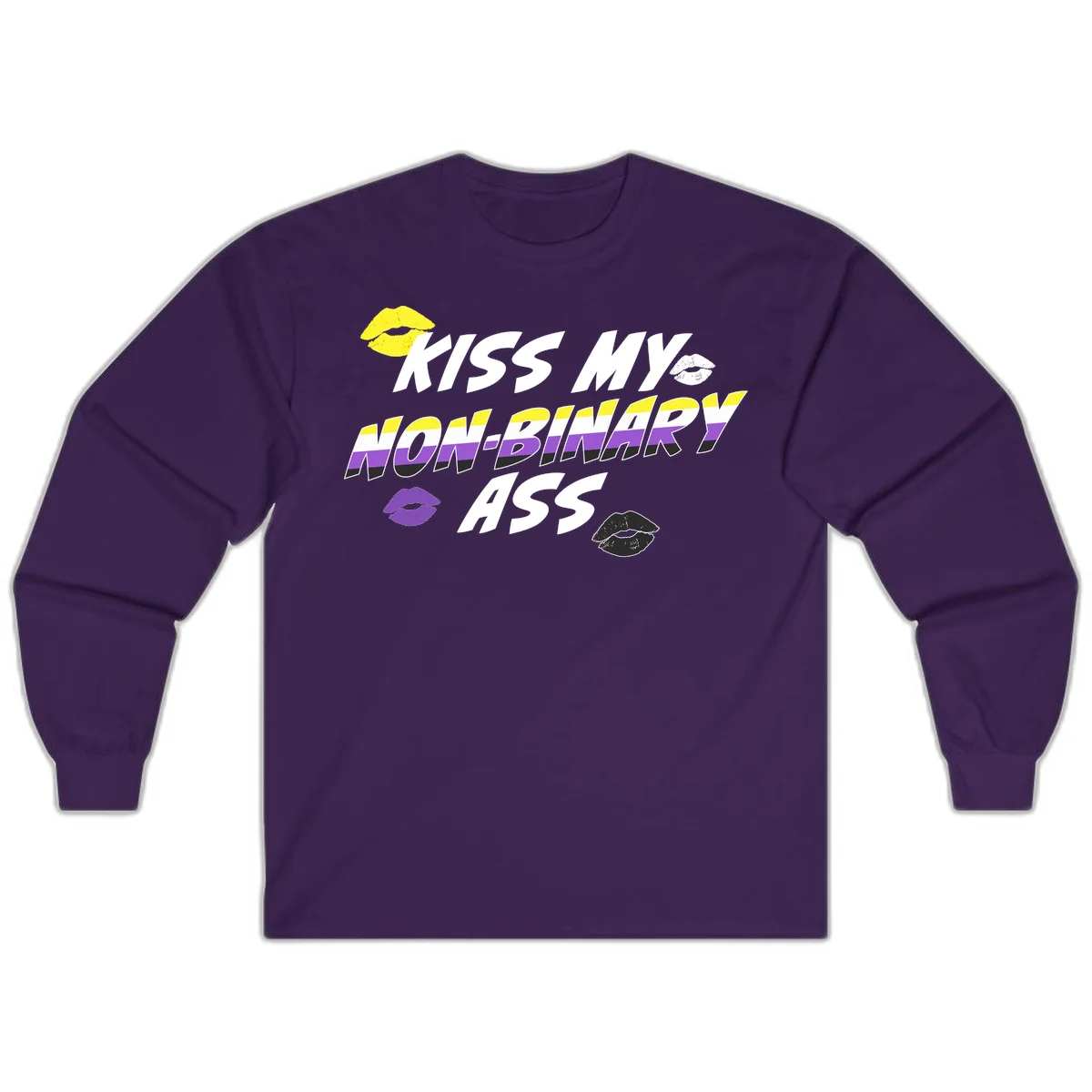 Kiss my non-binary ass pride design with yellow, white, purple and black lip icons and non-binary flag stripes on gray background in Purple
