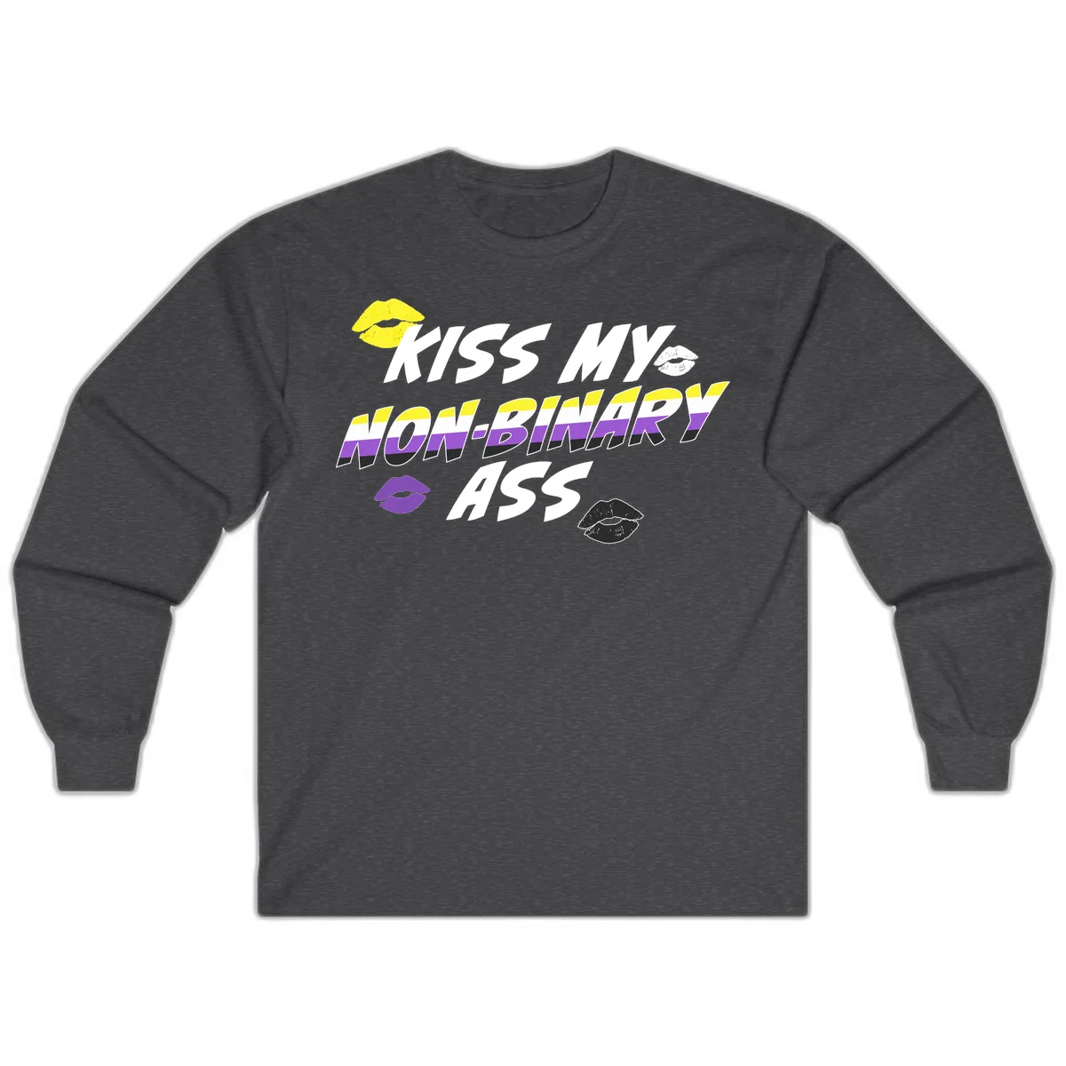 Kiss my non-binary ass pride design with yellow, white, purple and black lip icons and non-binary flag stripes on gray background in Dark Heather