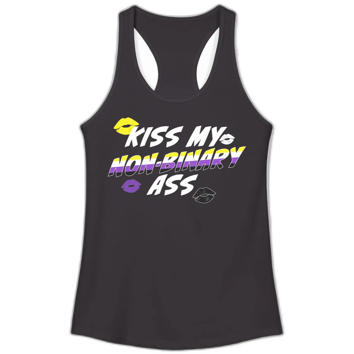 Kiss my non-binary ass pride design with yellow, white, purple and black lip icons and non-binary flag stripes on gray background in Black