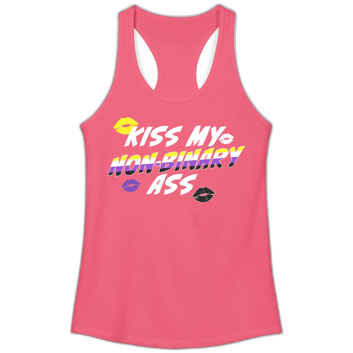 Kiss my non-binary ass pride design with yellow, white, purple and black lip icons and non-binary flag stripes on gray background in Hot Pink