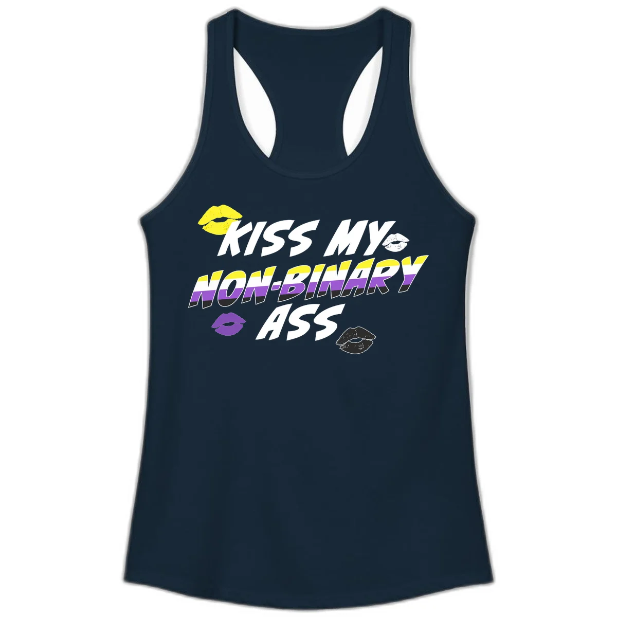 Kiss my non-binary ass pride design with yellow, white, purple and black lip icons and non-binary flag stripes on gray background in Solid Midnight Navy