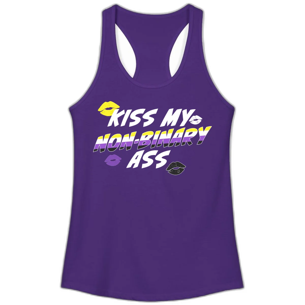 Kiss my non-binary ass pride design with yellow, white, purple and black lip icons and non-binary flag stripes on gray background in Solid Purple Rush