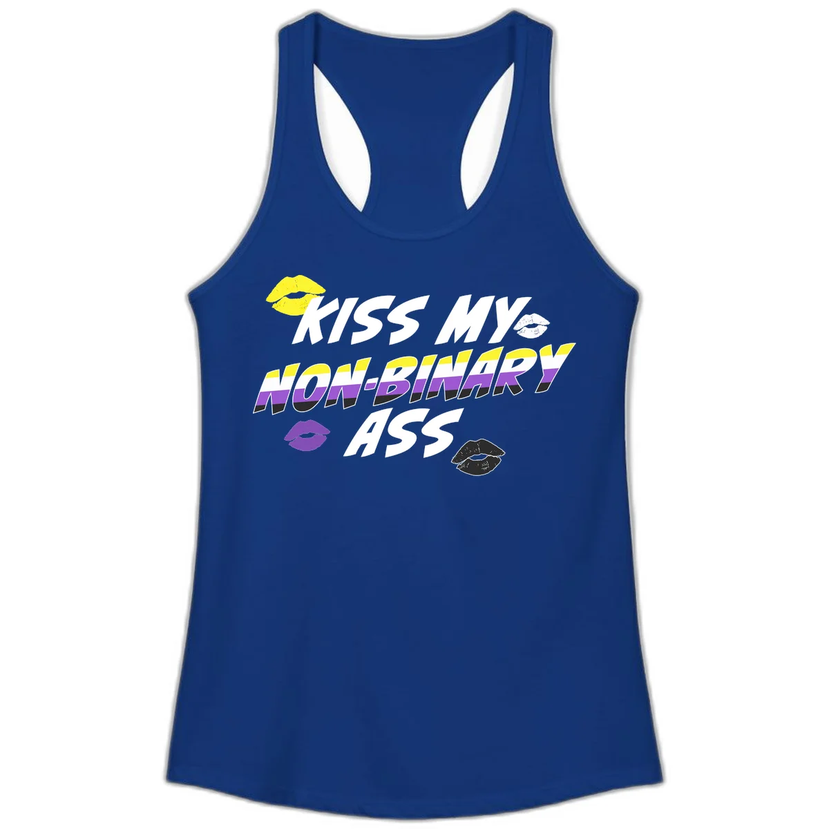 Kiss my non-binary ass pride design with yellow, white, purple and black lip icons and non-binary flag stripes on gray background in Solid Royal