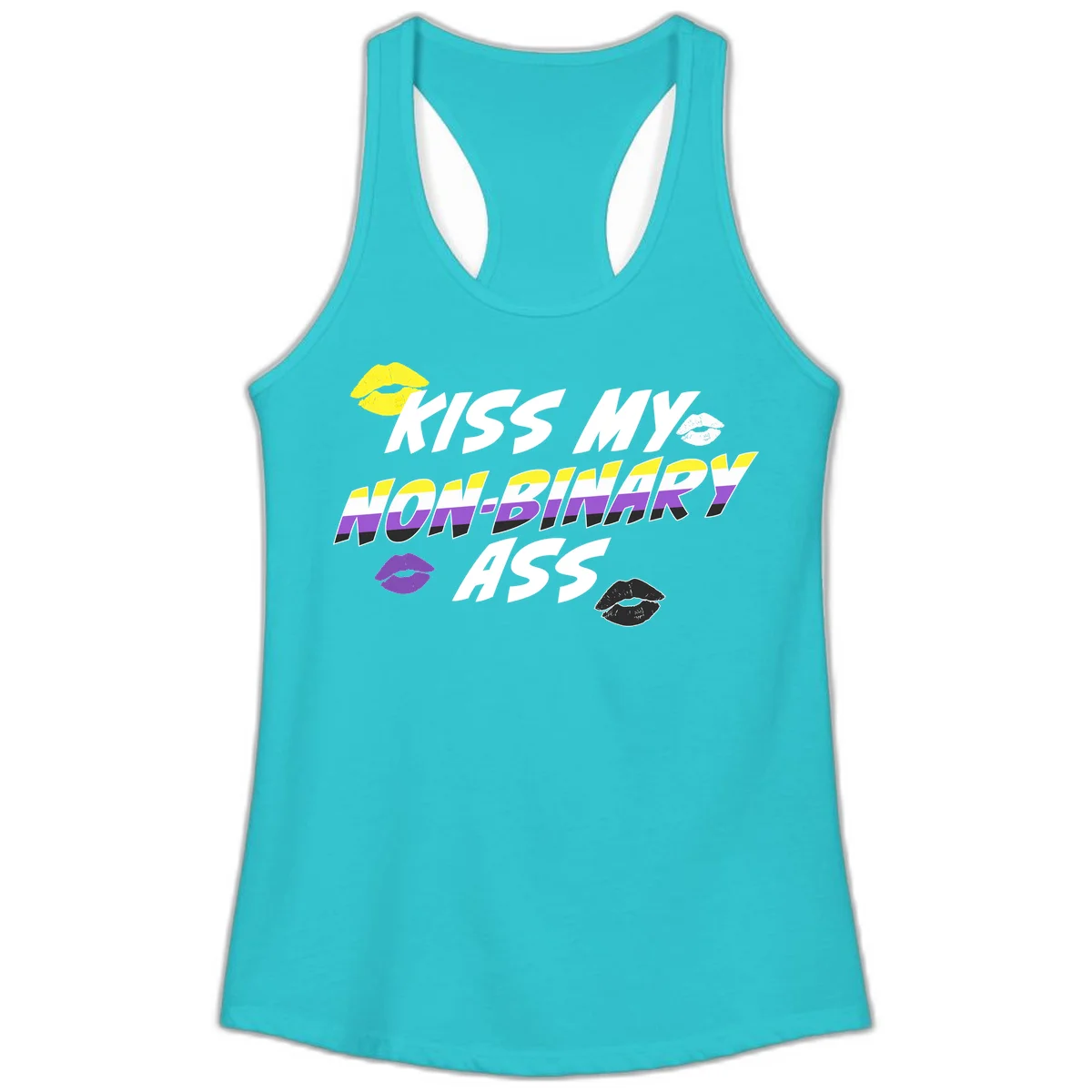 Kiss my non-binary ass pride design with yellow, white, purple and black lip icons and non-binary flag stripes on gray background in Solid Tahiti Blue