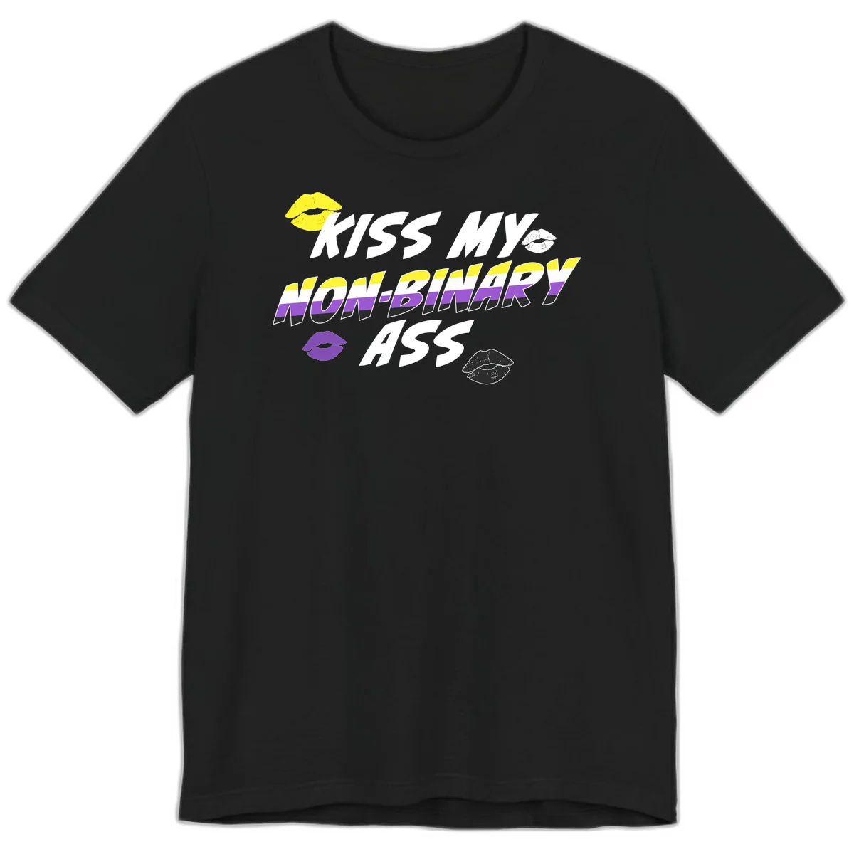 Kiss my non-binary ass pride design with yellow, white, purple and black lip icons and non-binary flag stripes on gray background in Black
