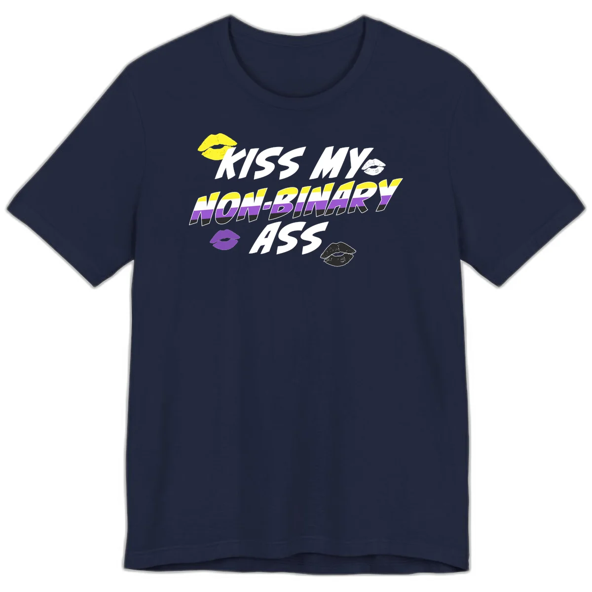 Kiss my non-binary ass pride design with yellow, white, purple and black lip icons and non-binary flag stripes on gray background in Navy