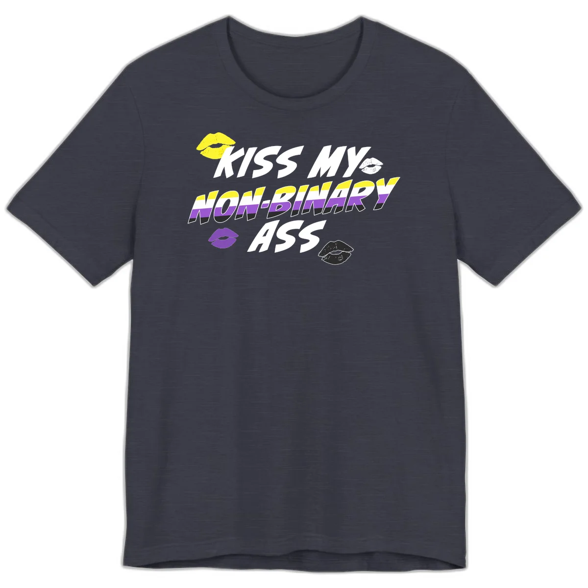 Kiss my non-binary ass pride design with yellow, white, purple and black lip icons and non-binary flag stripes on gray background in Heather Midnight Navy