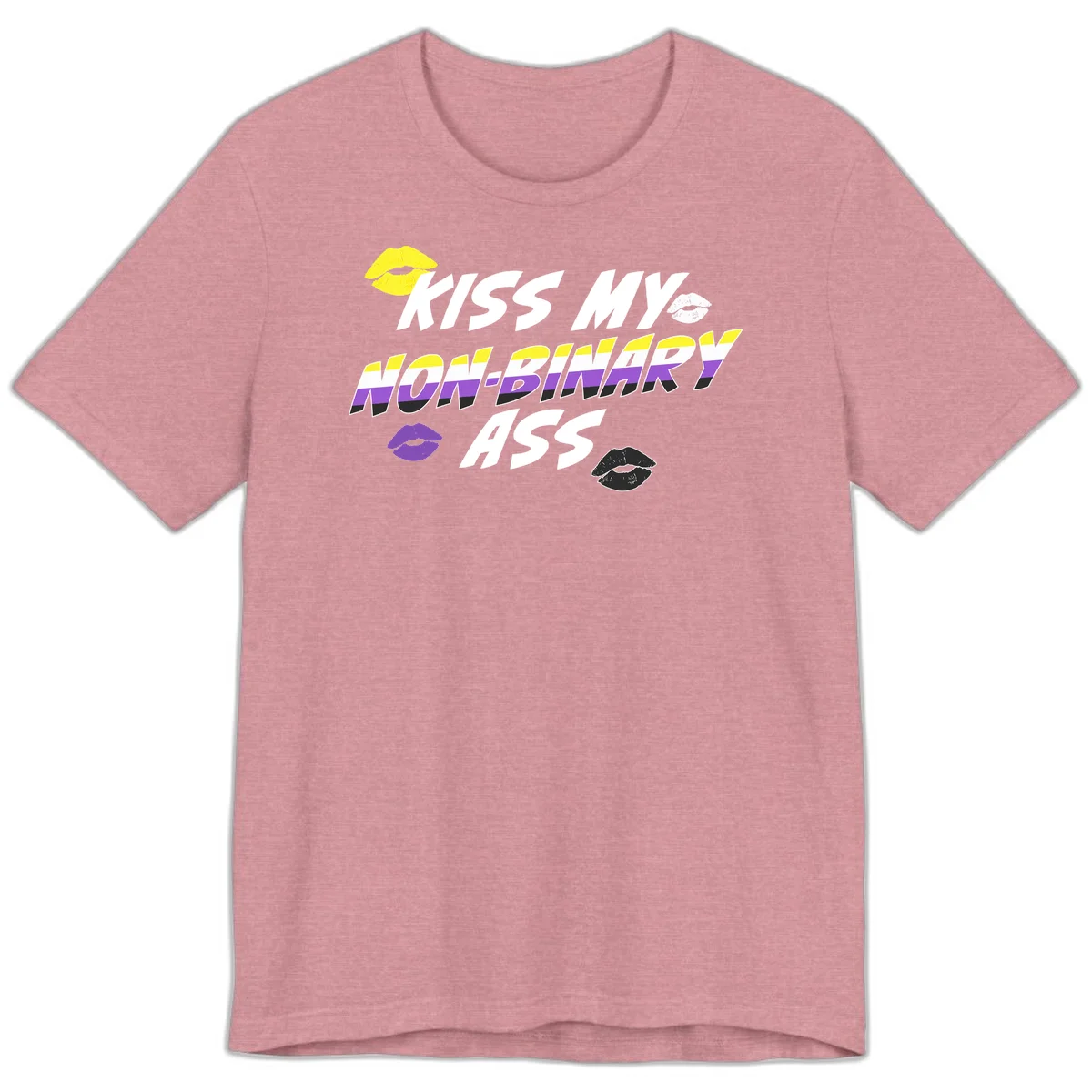 Kiss my non-binary ass pride design with yellow, white, purple and black lip icons and non-binary flag stripes on gray background in Heather Orchid
