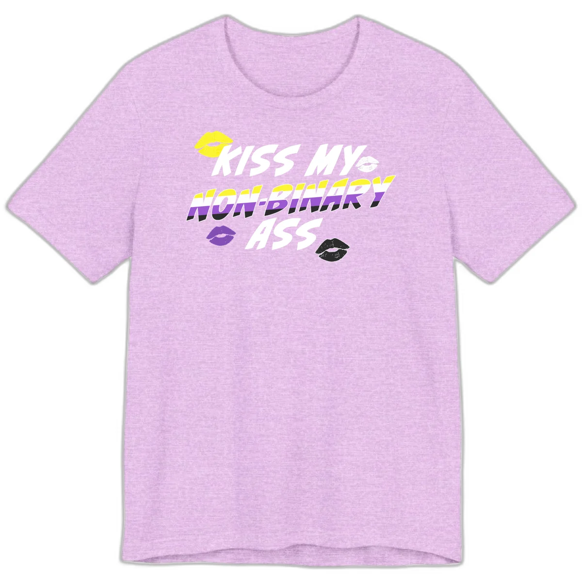 Kiss my non-binary ass pride design with yellow, white, purple and black lip icons and non-binary flag stripes on gray background in Heather Prism Lilac