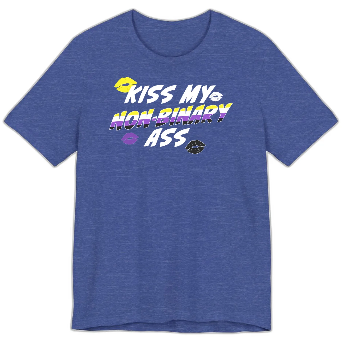 Kiss my non-binary ass pride design with yellow, white, purple and black lip icons and non-binary flag stripes on gray background in Heather True Royal