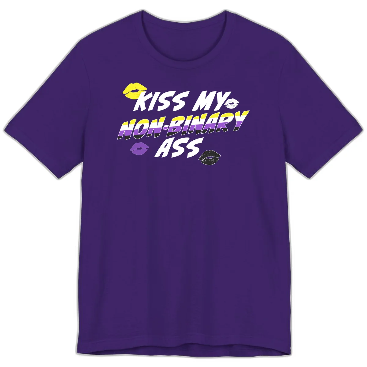 Kiss my non-binary ass pride design with yellow, white, purple and black lip icons and non-binary flag stripes on gray background in Team Purple