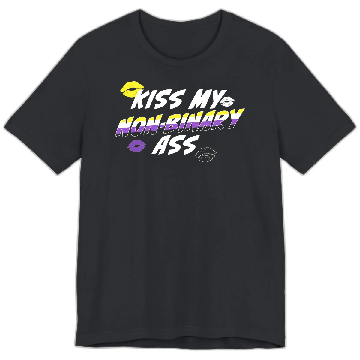 Kiss my non-binary ass pride design with yellow, white, purple and black lip icons and non-binary flag stripes on gray background in Vintage Black