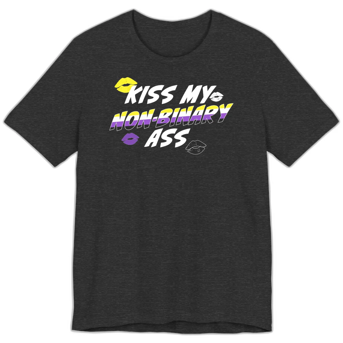 Kiss my non-binary ass pride design with yellow, white, purple and black lip icons and non-binary flag stripes on gray background in Dark Grey Heather